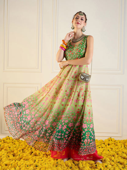 Green Floral Sleeveless Anarkali Kurta