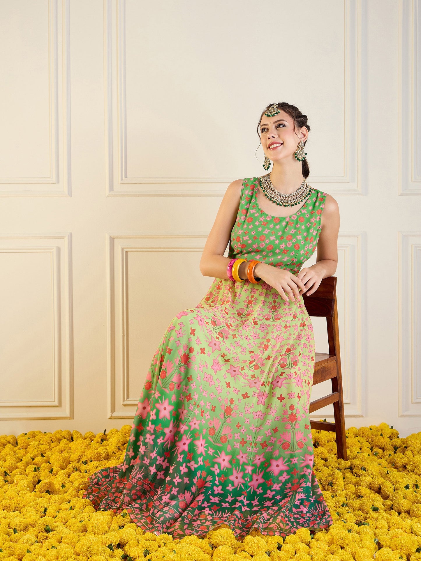 Green Floral Sleeveless Anarkali Kurta