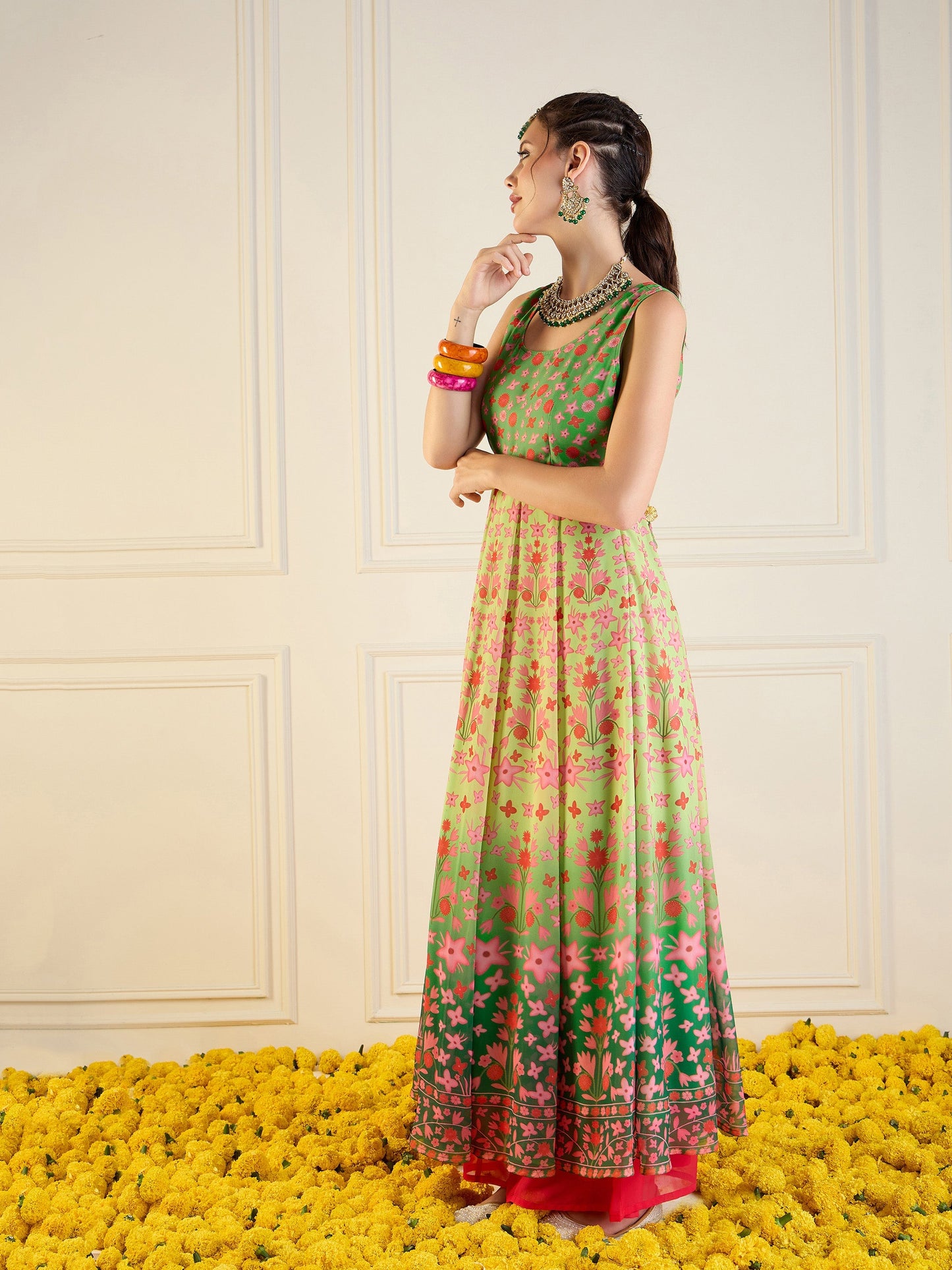Green Floral Sleeveless Anarkali Kurta