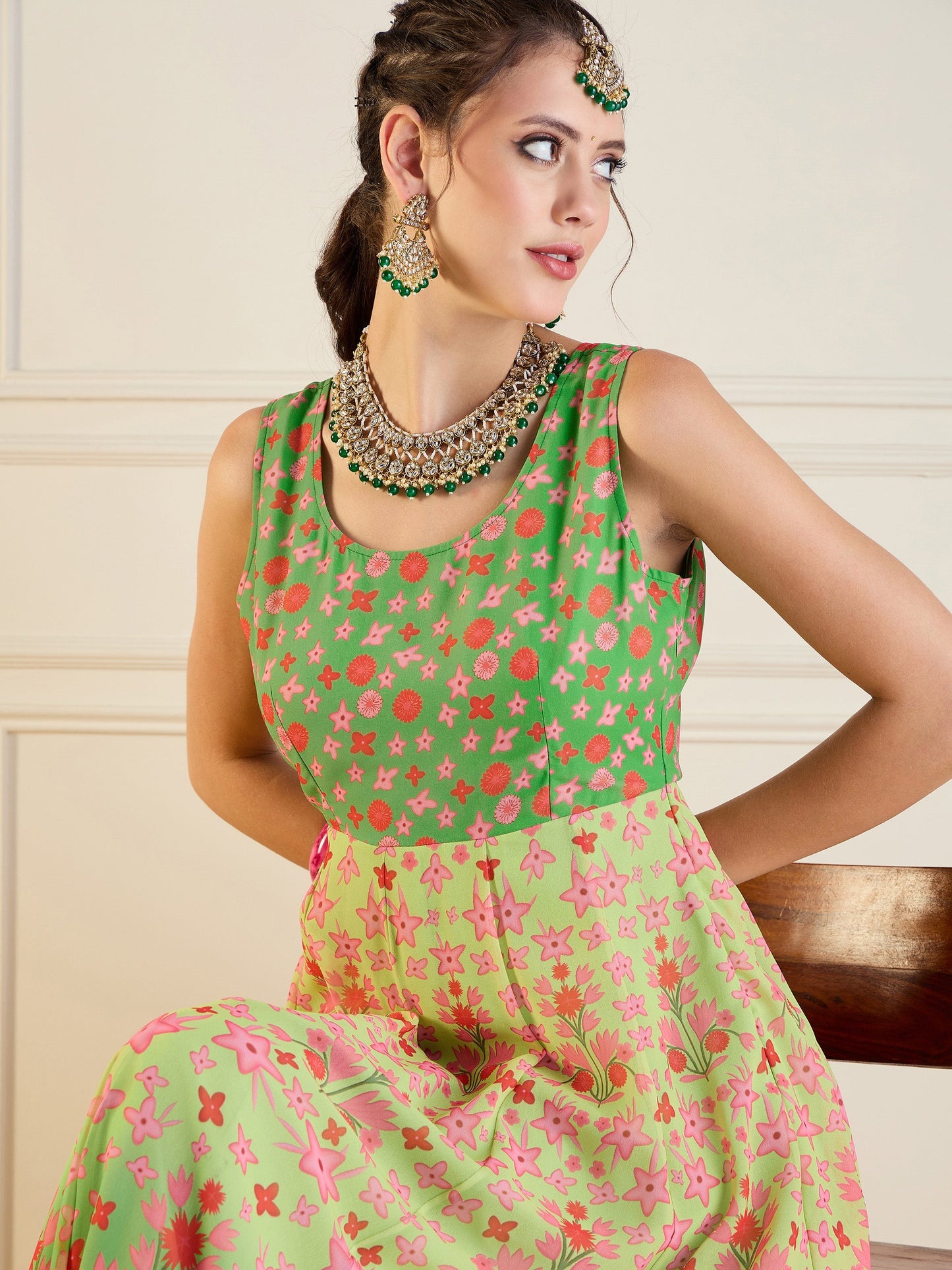 Green Floral Sleeveless Anarkali Kurta