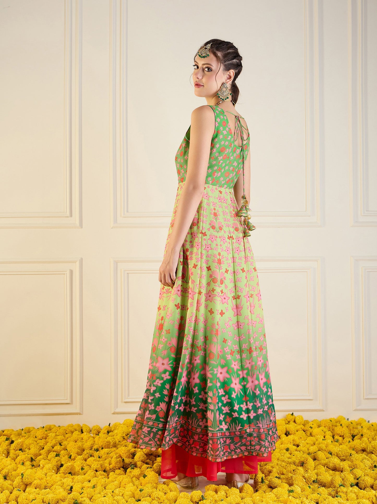Green Floral Sleeveless Anarkali Kurta