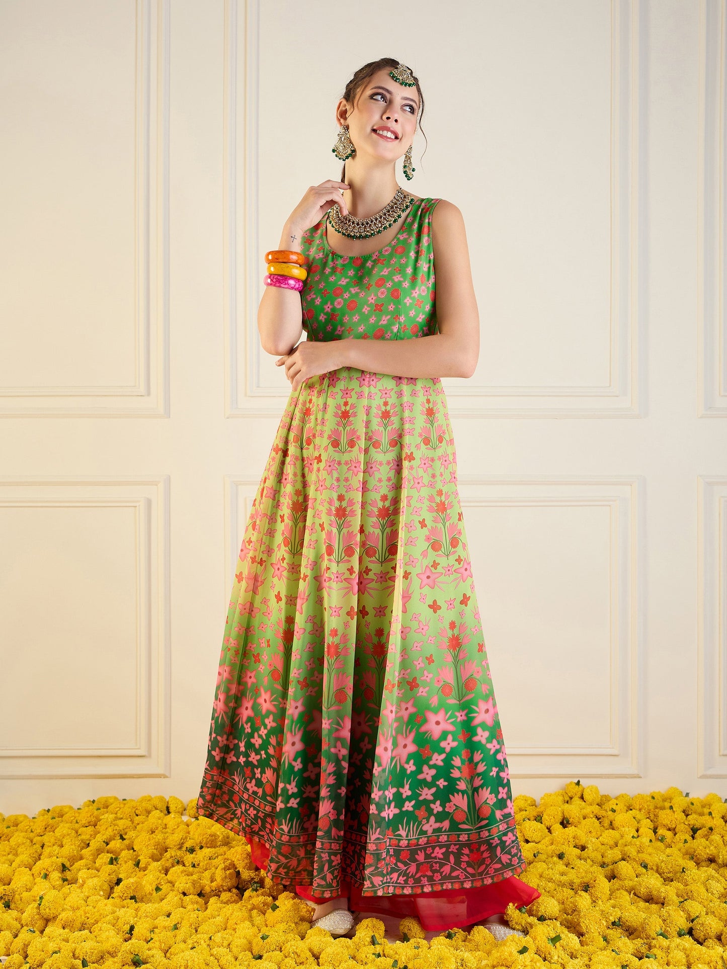Green Floral Sleeveless Anarkali Kurta