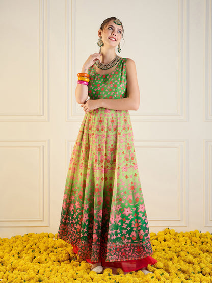 Green Floral Sleeveless Anarkali Kurta