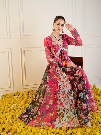 Fuchsia & Black Floral Long Anarkali Kurta