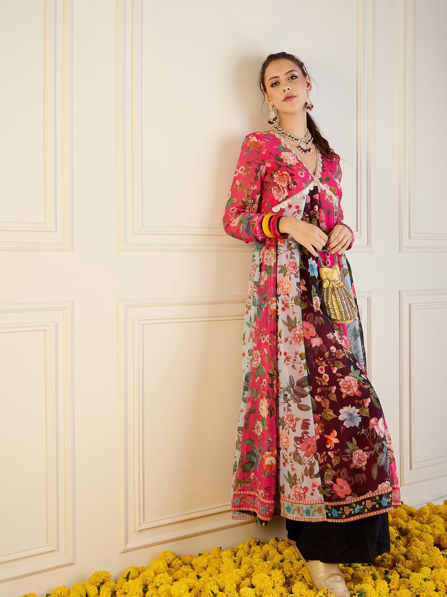 Fuchsia & Black Floral Long Anarkali Kurta