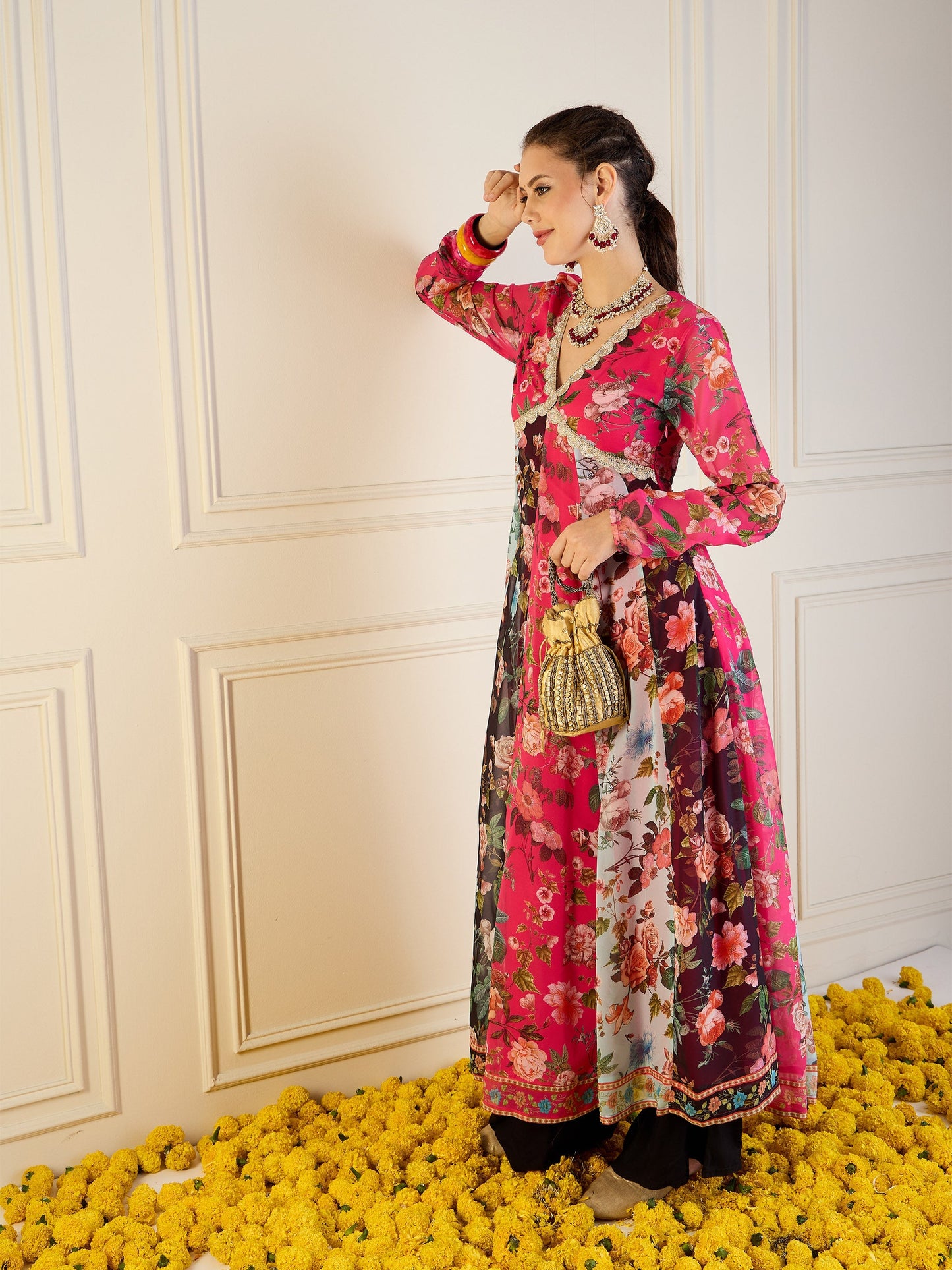 Fuchsia & Black Floral Long Anarkali Kurta