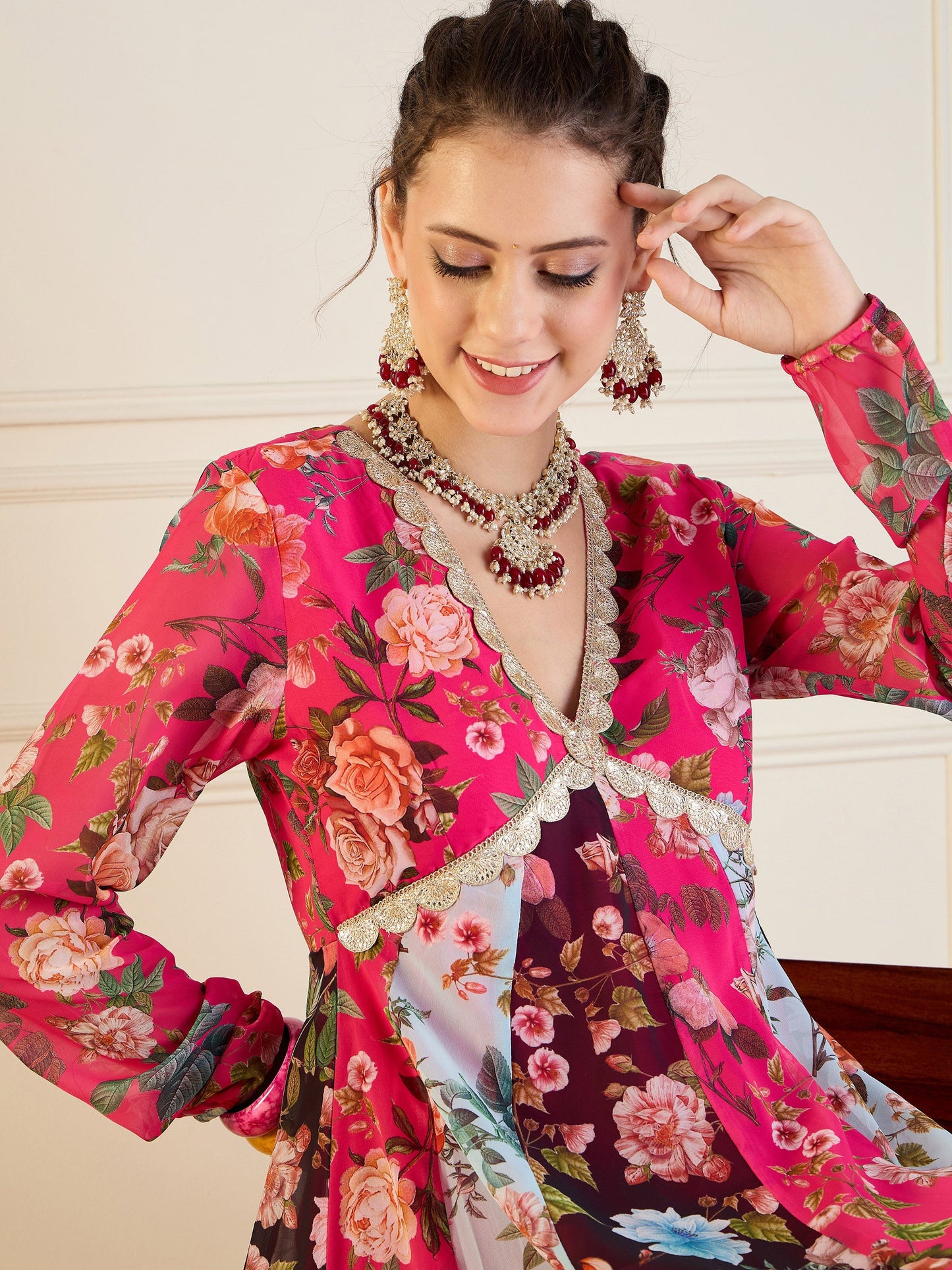 Fuchsia & Black Floral Long Anarkali Kurta