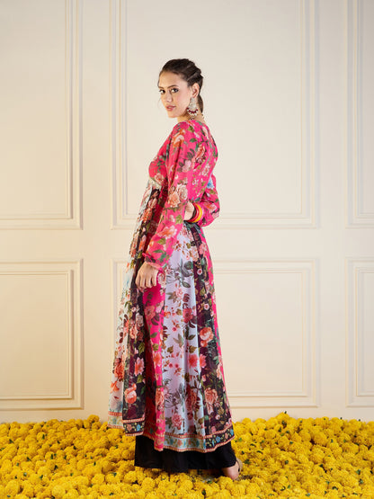 Fuchsia & Black Floral Long Anarkali Kurta