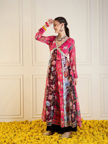 Fuchsia & Black Floral Long Anarkali Kurta