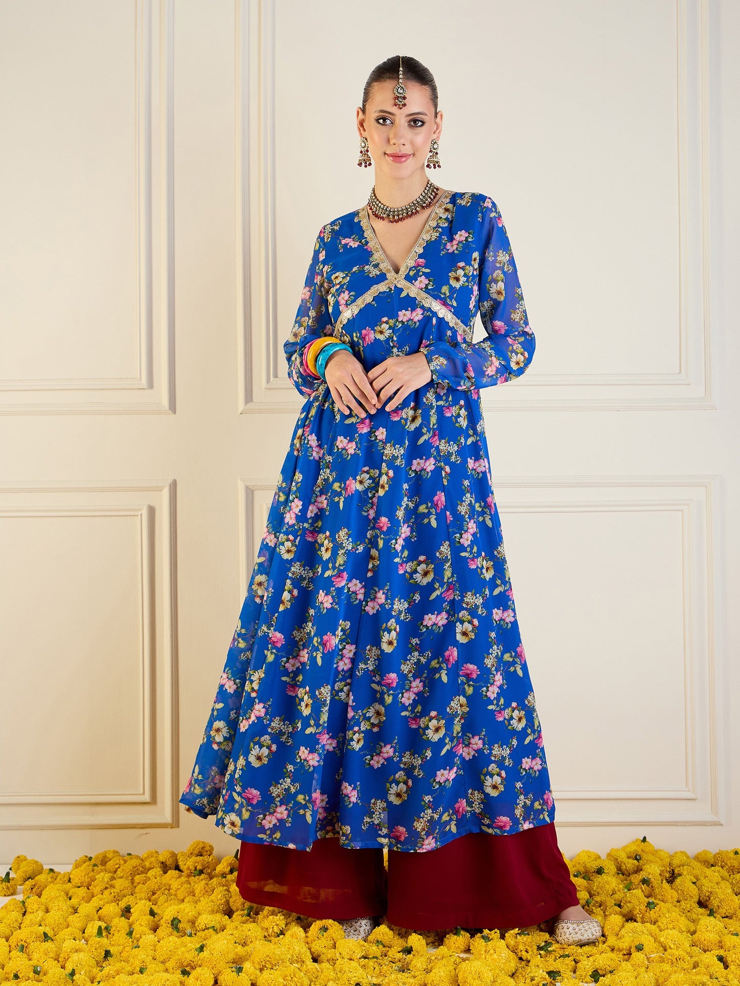 Royal Blue Floral Long Anarkali Kurta