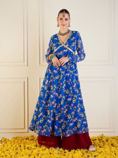 Royal Blue Floral Long Anarkali Kurta