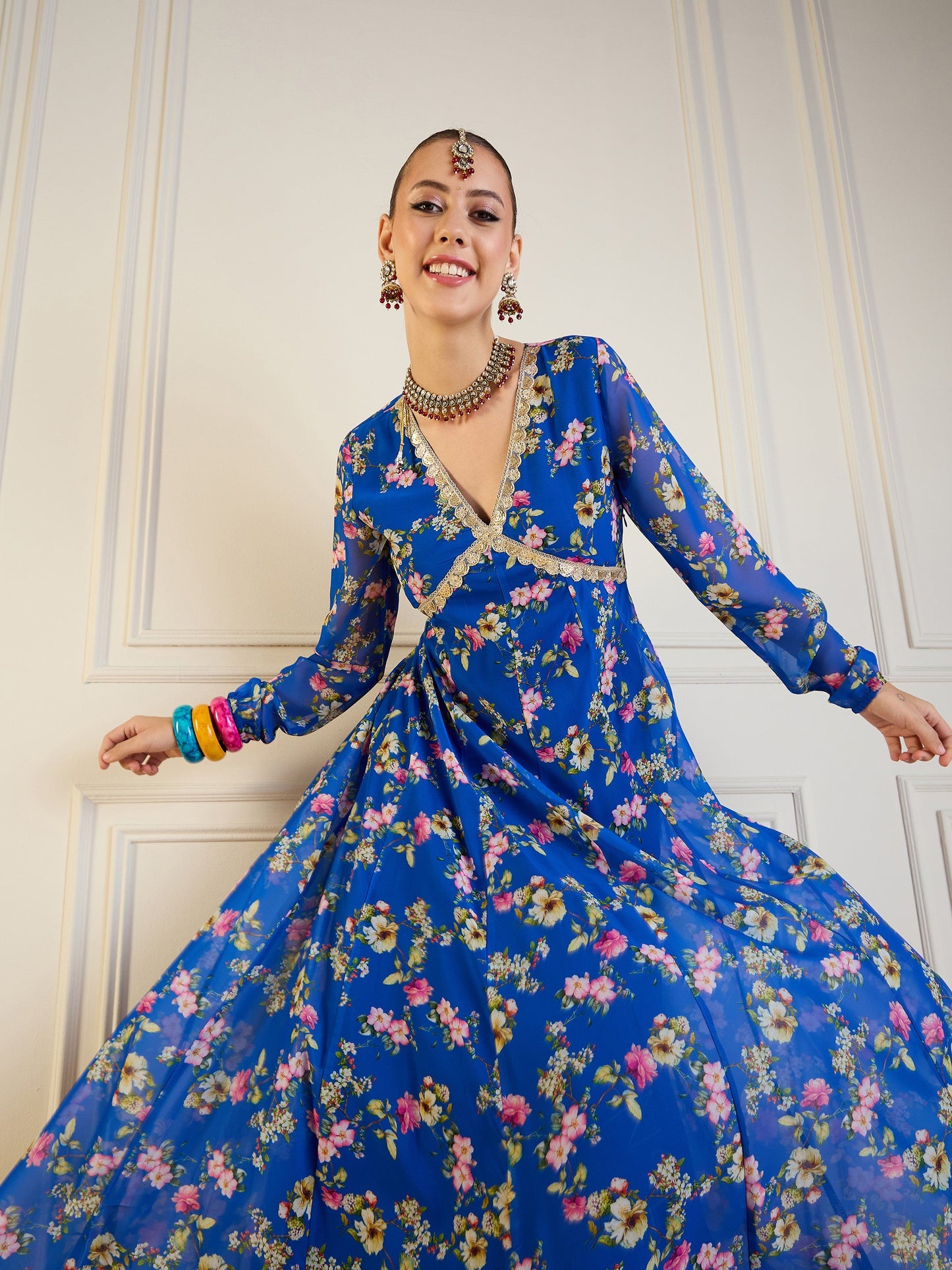 Royal Blue Floral Long Anarkali Kurta