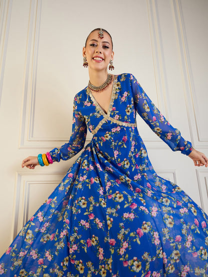 Royal Blue Floral Long Anarkali Kurta