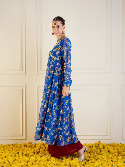 Royal Blue Floral Long Anarkali Kurta