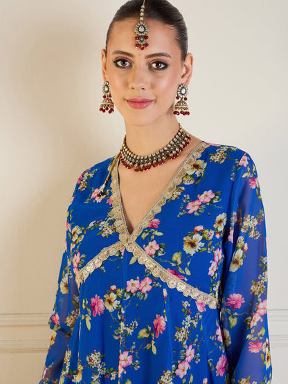 Royal Blue Floral Long Anarkali Kurta
