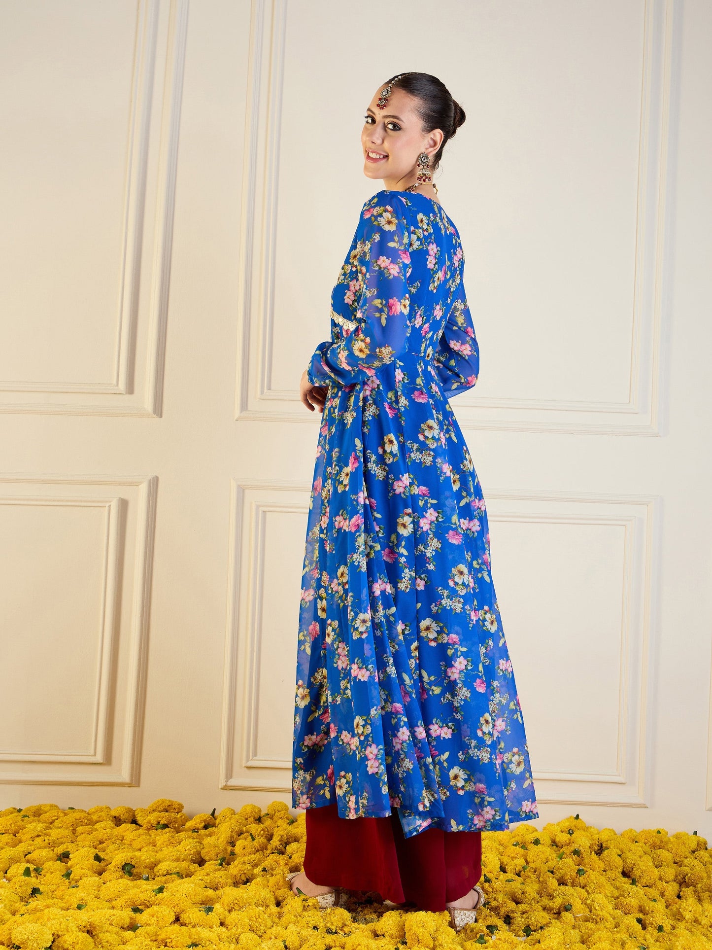 Royal Blue Floral Long Anarkali Kurta