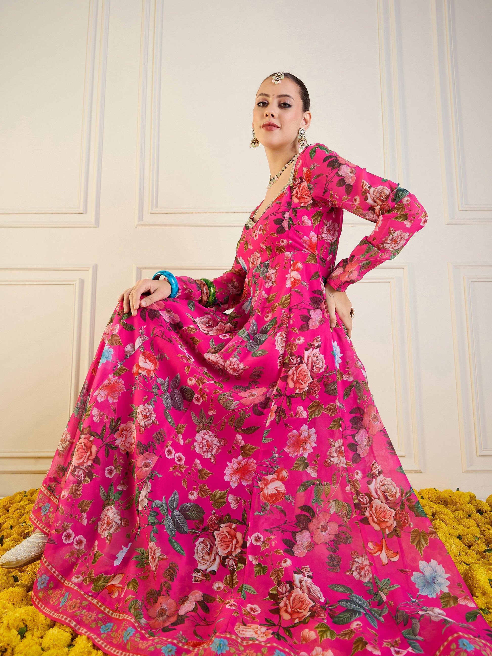 Fuchsia Floral Long Anarkali Kurta-Shae by SASSAFRAS