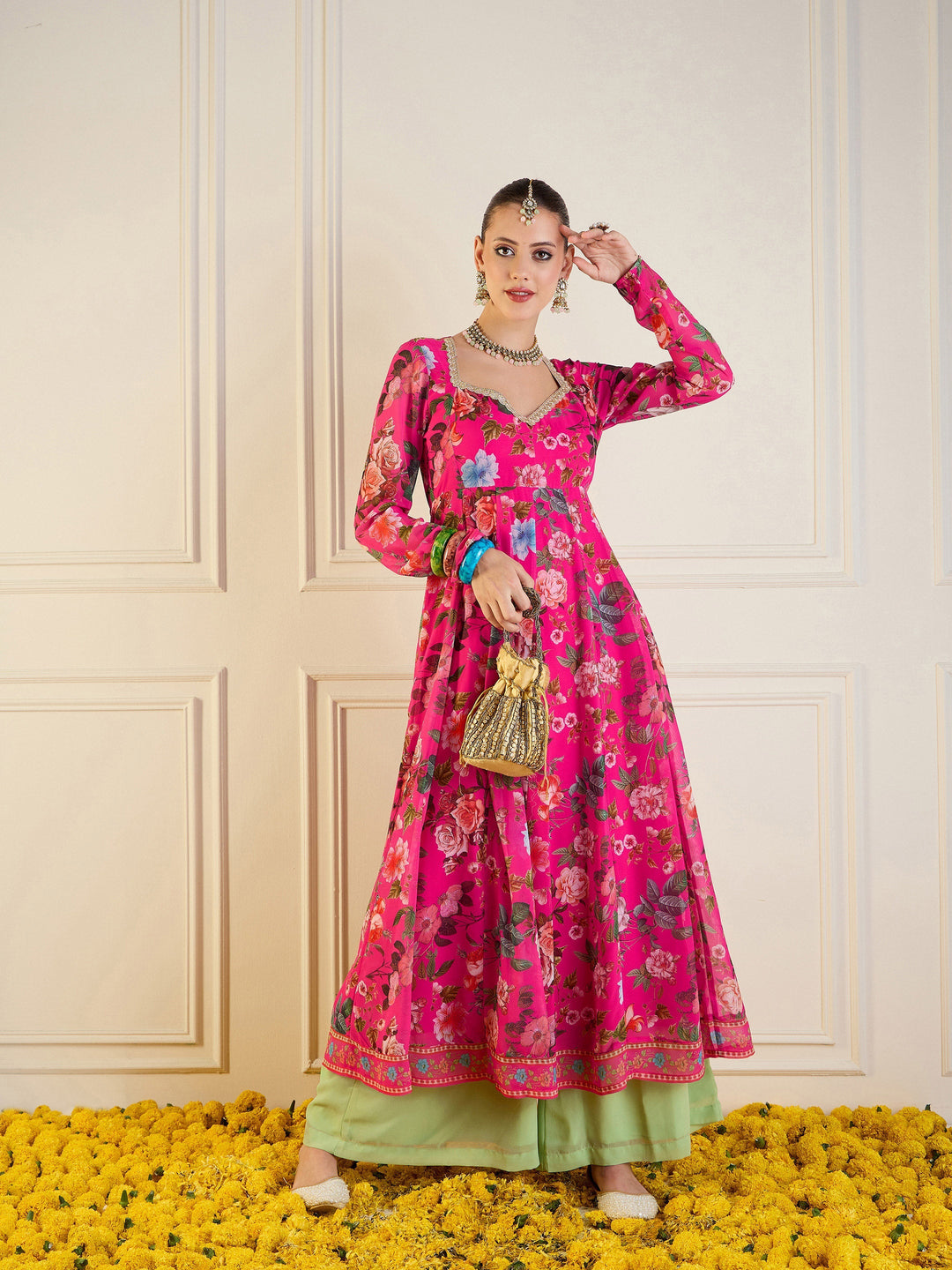 Fuchsia Floral Long Anarkali Kurta-Shae by SASSAFRAS