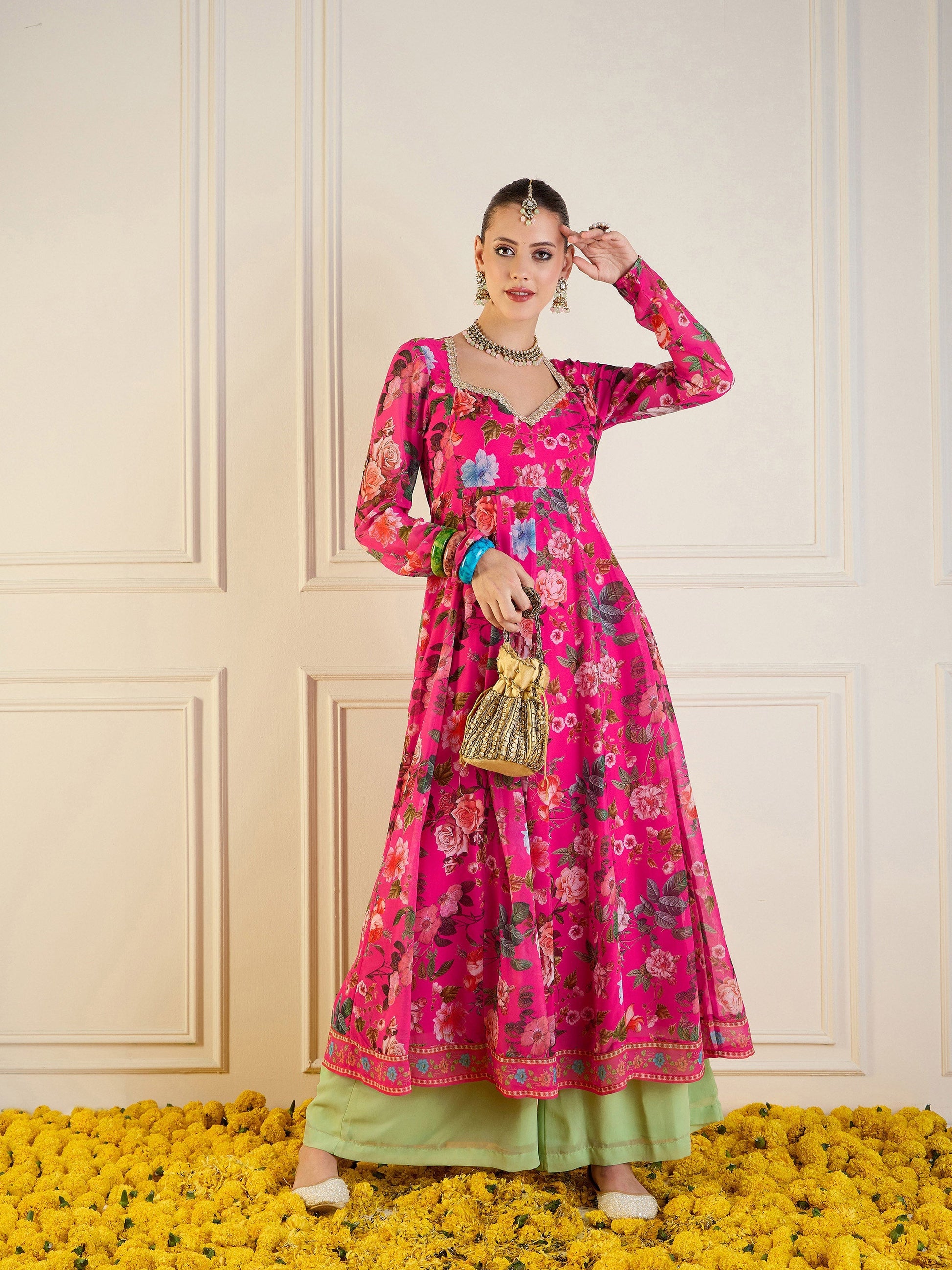 Fuchsia Floral Long Anarkali Kurta-Shae by SASSAFRAS
