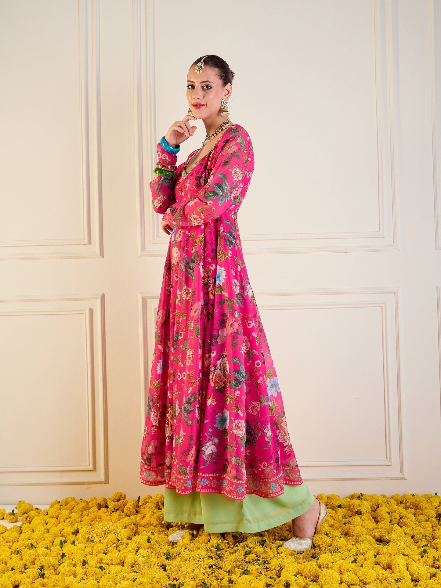 Fuchsia Floral Long Anarkali Kurta-Shae by SASSAFRAS