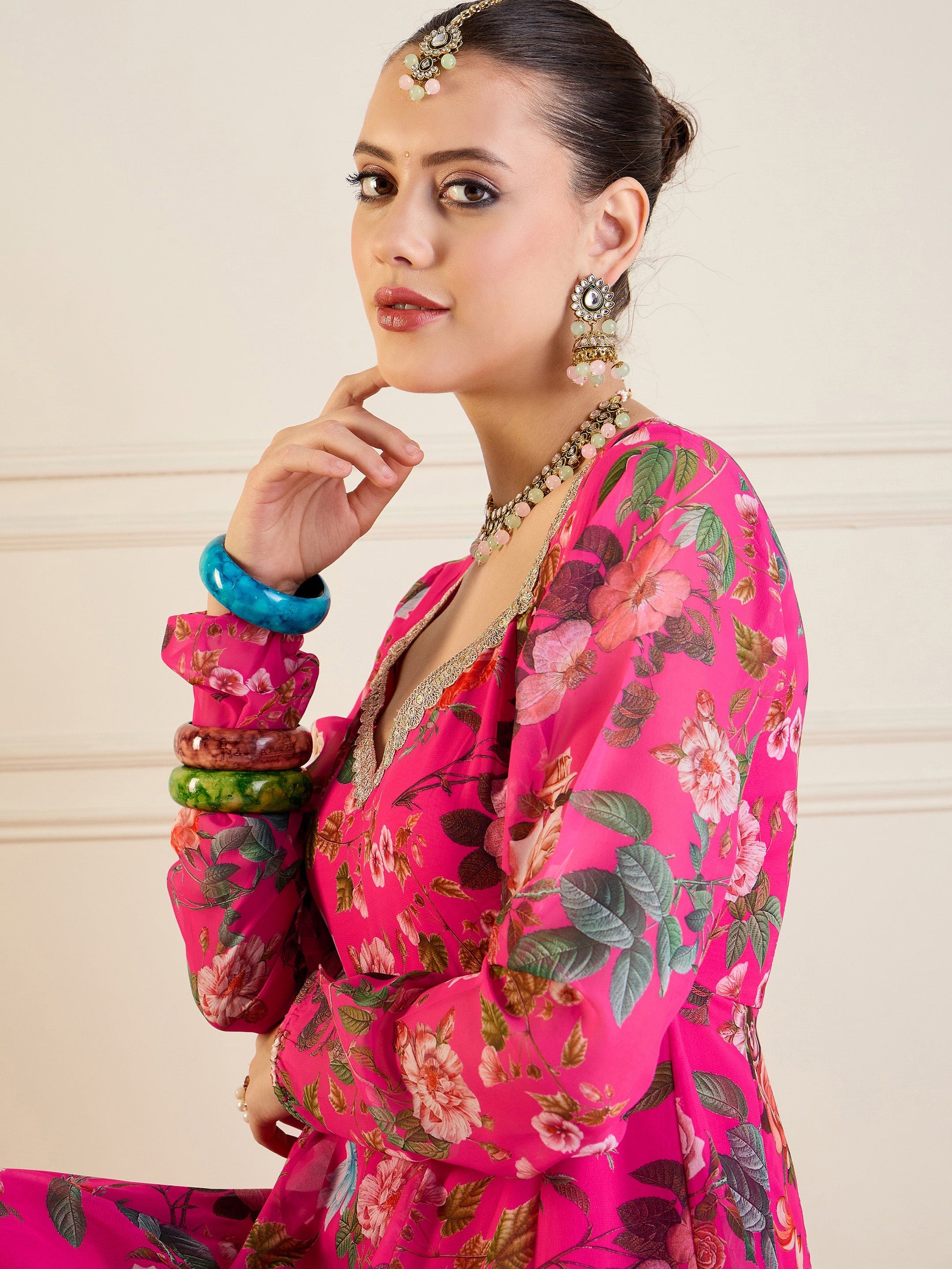 Fuchsia Floral Long Anarkali Kurta-Shae by SASSAFRAS