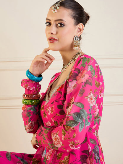 Fuchsia Floral Long Anarkali Kurta-Shae by SASSAFRAS