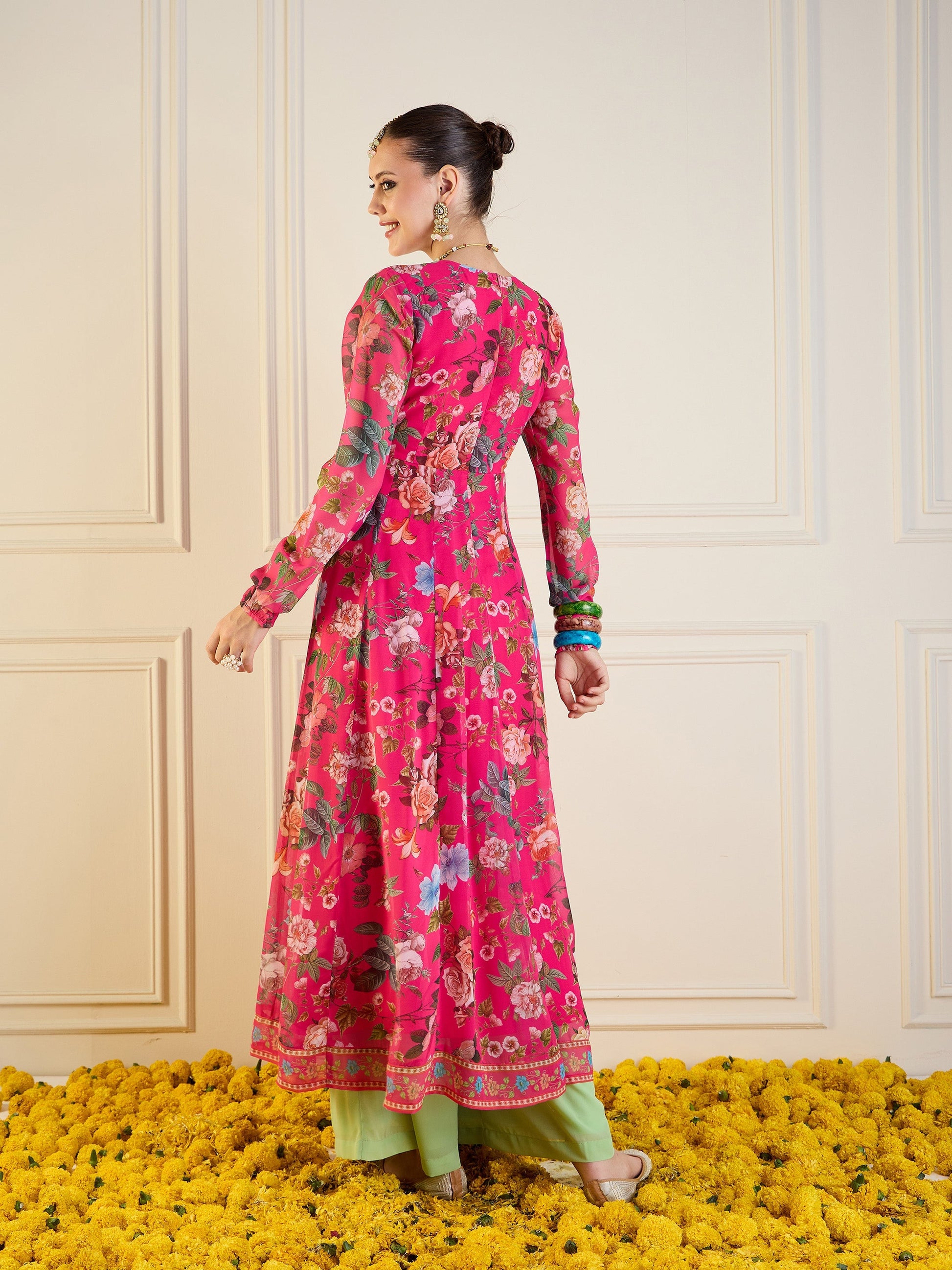Fuchsia Floral Long Anarkali Kurta-Shae by SASSAFRAS