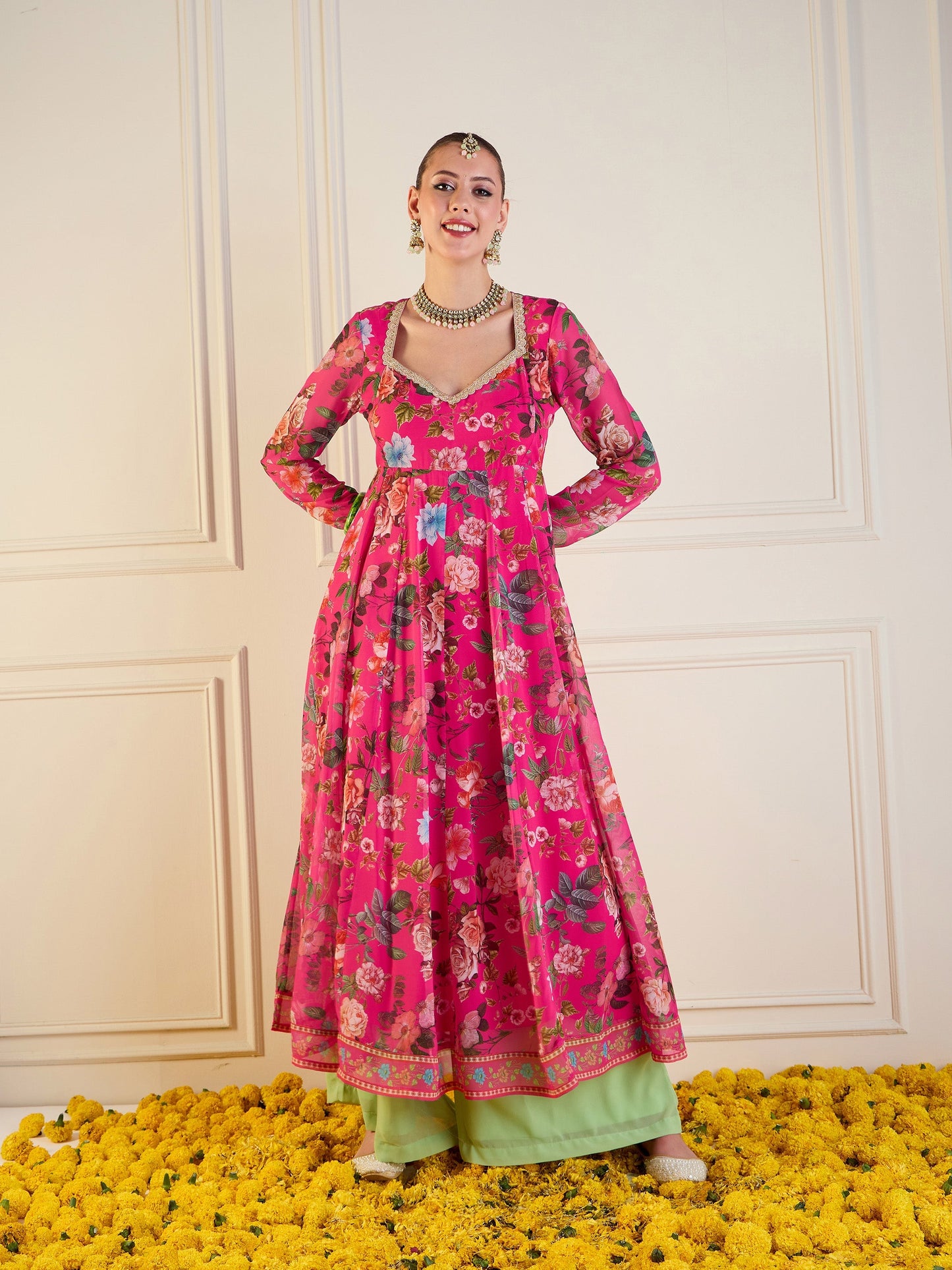 Fuchsia Floral Long Anarkali Kurta-Shae by SASSAFRAS