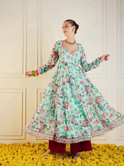 Blue Floral Long Anarkali Kurta