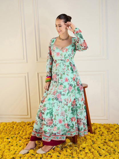 Blue Floral Long Anarkali Kurta