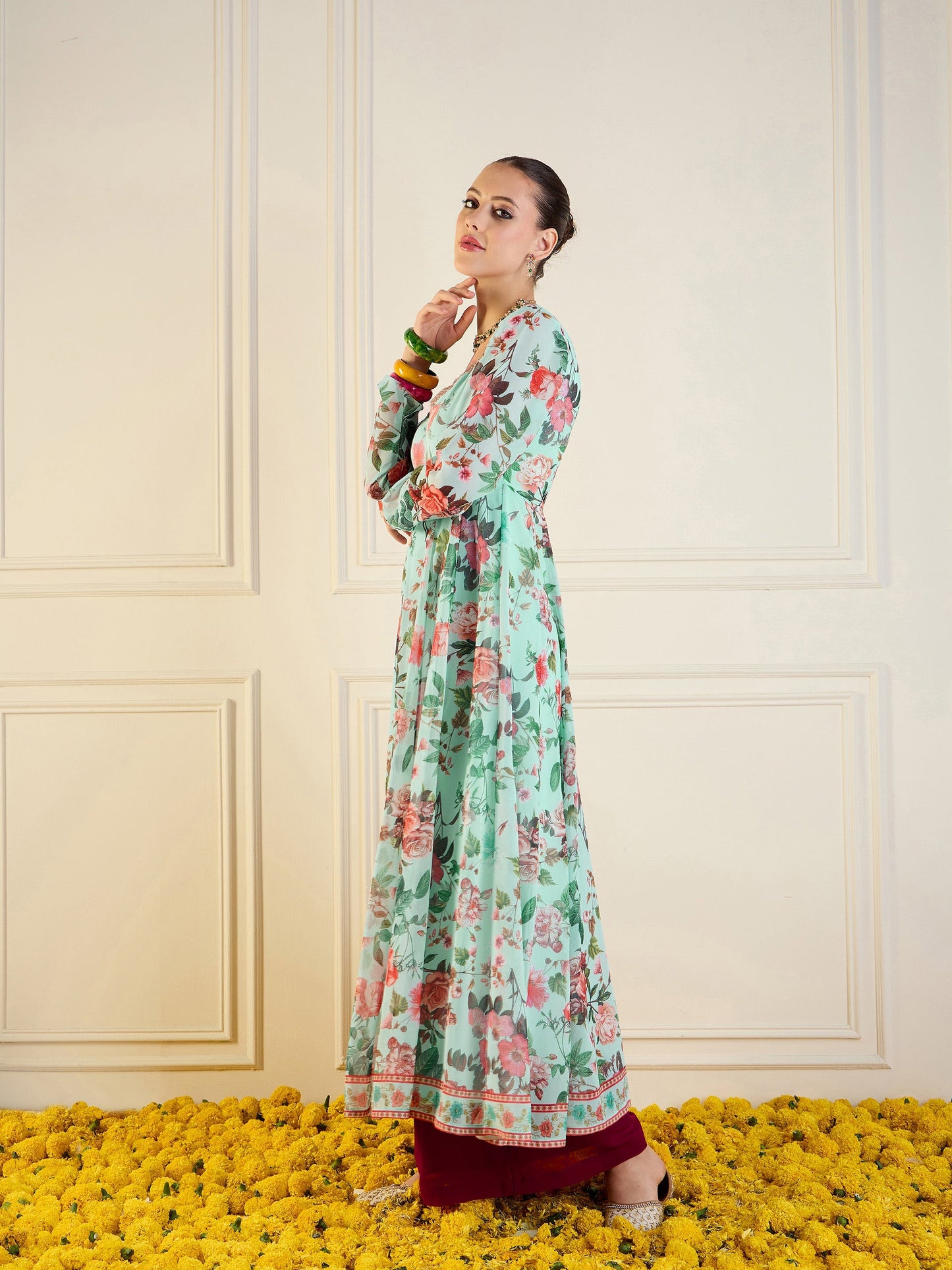 Blue Floral Long Anarkali Kurta