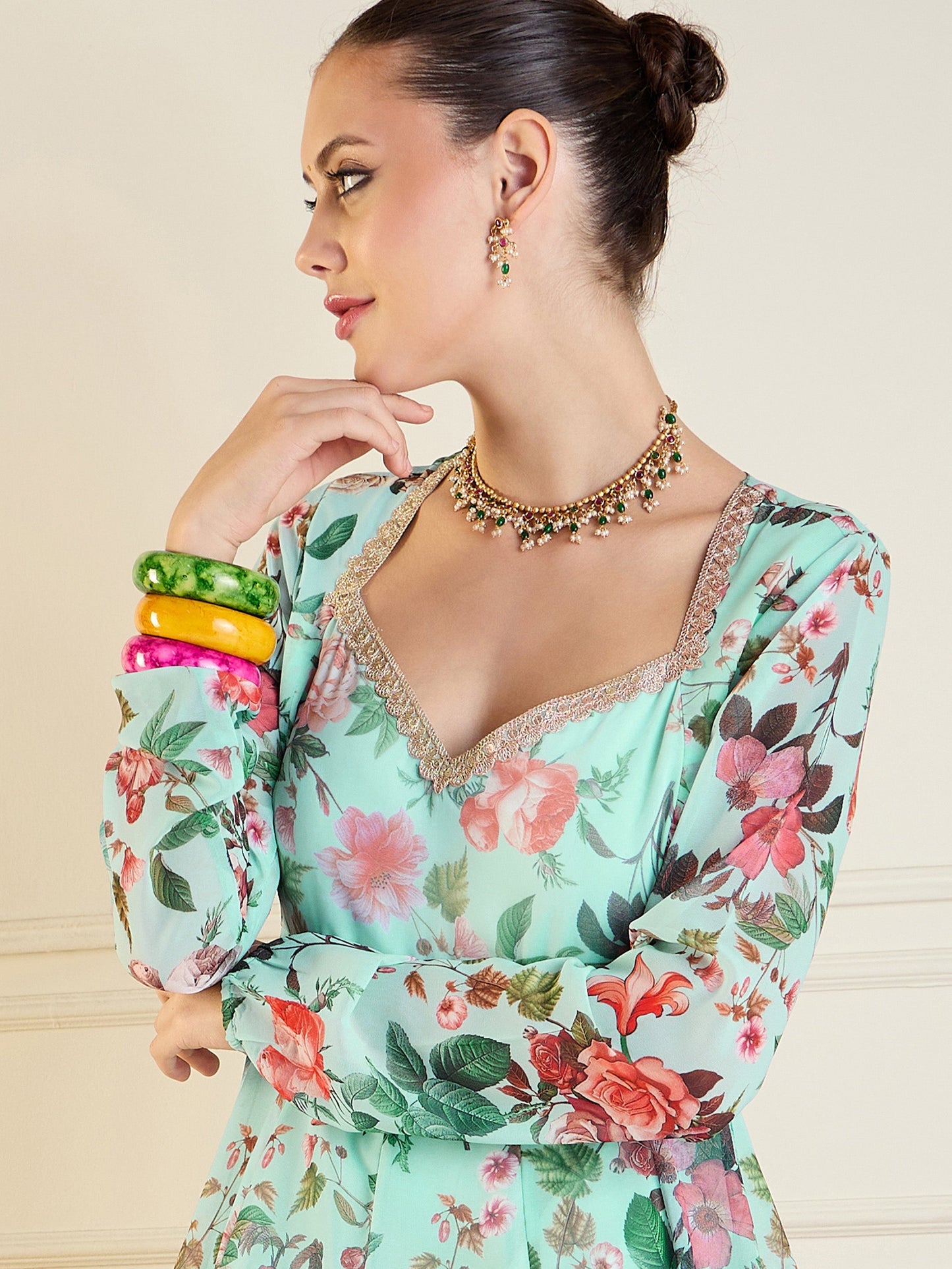 Blue Floral Long Anarkali Kurta