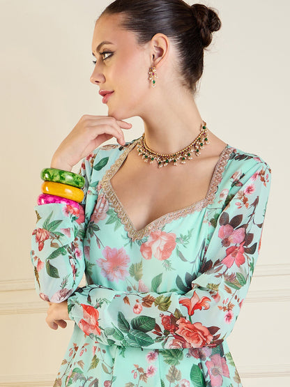 Blue Floral Long Anarkali Kurta