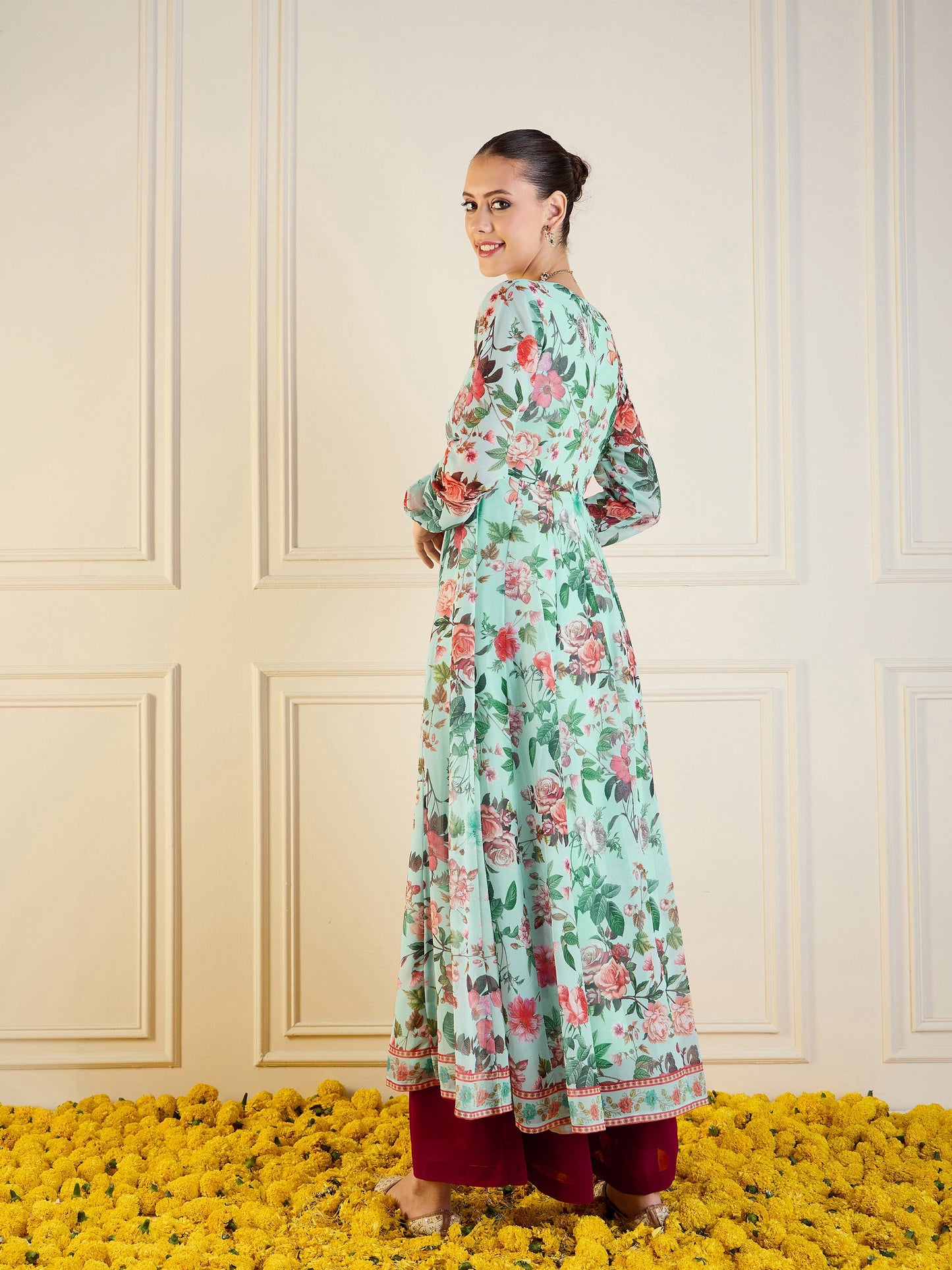 Blue Floral Long Anarkali Kurta