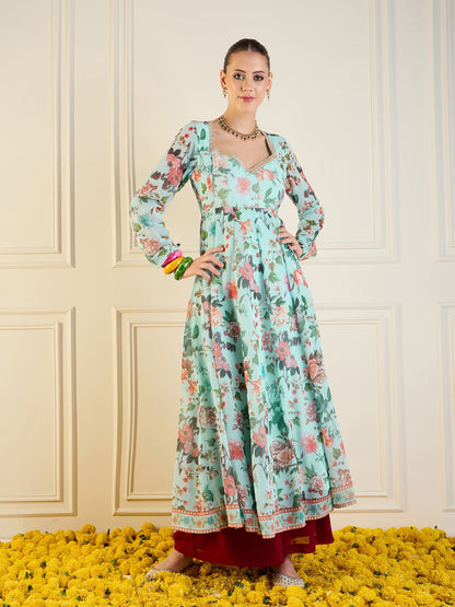 Blue Floral Long Anarkali Kurta