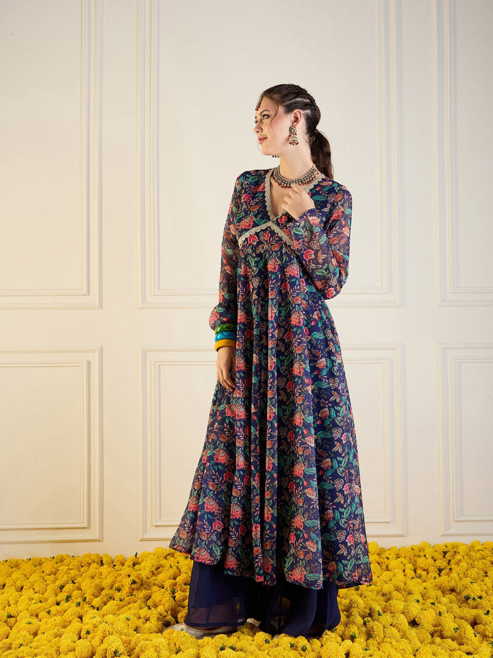 Navy Floral Long Anarkali Kurta -Shae by SASSAFRAS