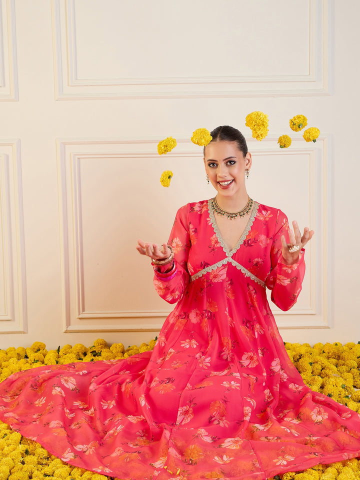 Fuchsia Floral Long Anarkali Kurta -Shae by SASSAFRAS