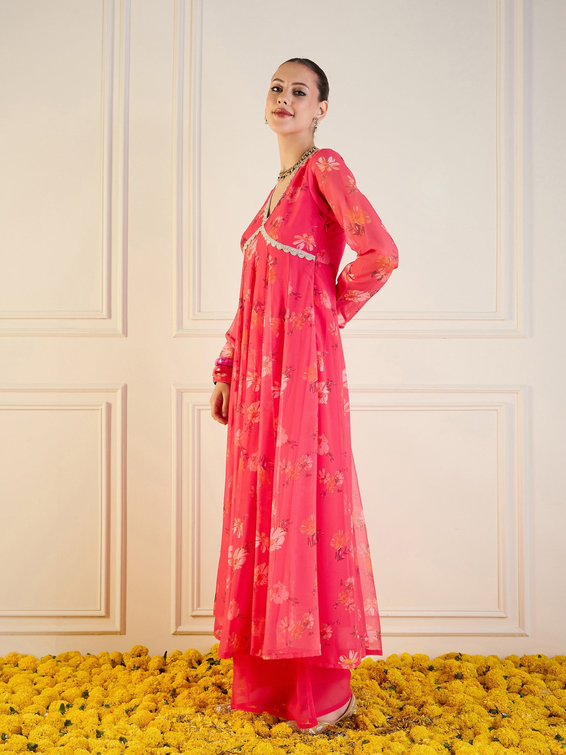 Fuchsia Floral Long Anarkali Kurta -Shae by SASSAFRAS