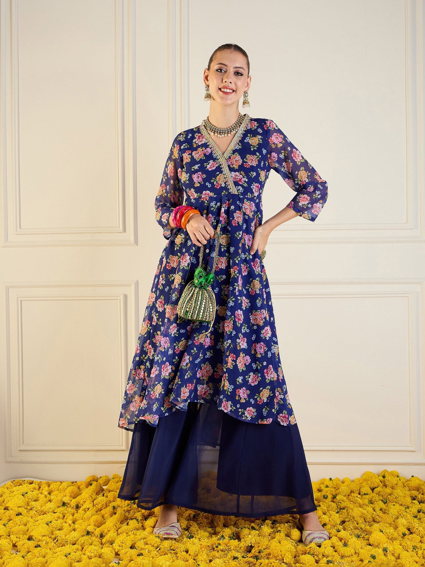 Blue Floral High Low Anarkali Kurta