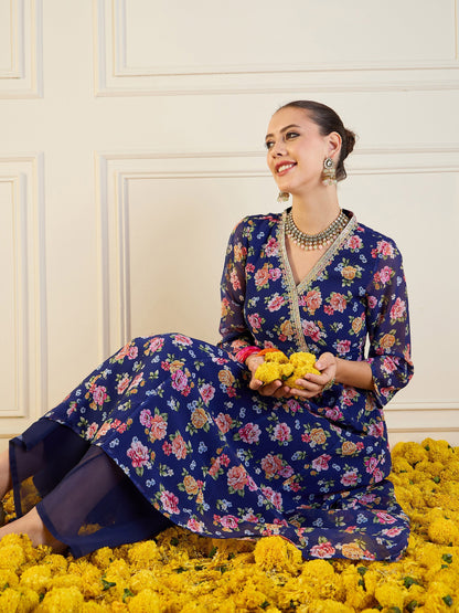 Blue Floral High Low Anarkali Kurta