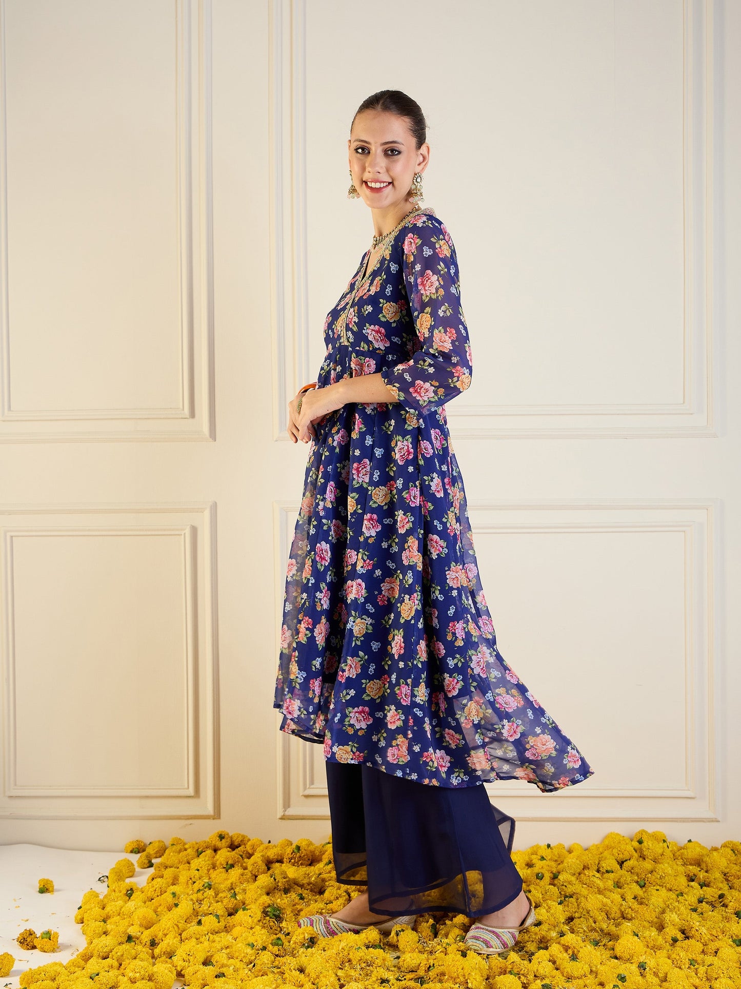 Blue Floral High Low Anarkali Kurta