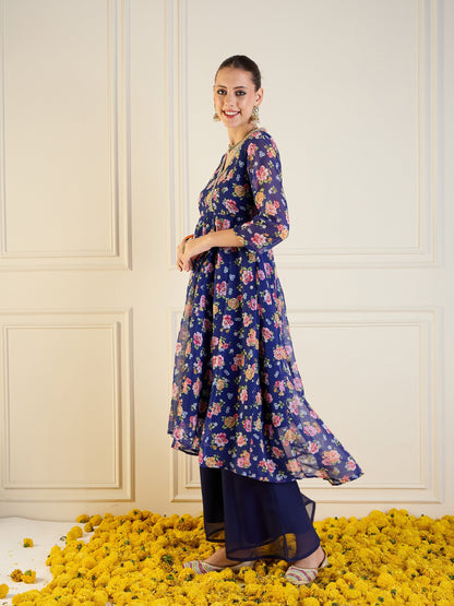 Blue Floral High Low Anarkali Kurta