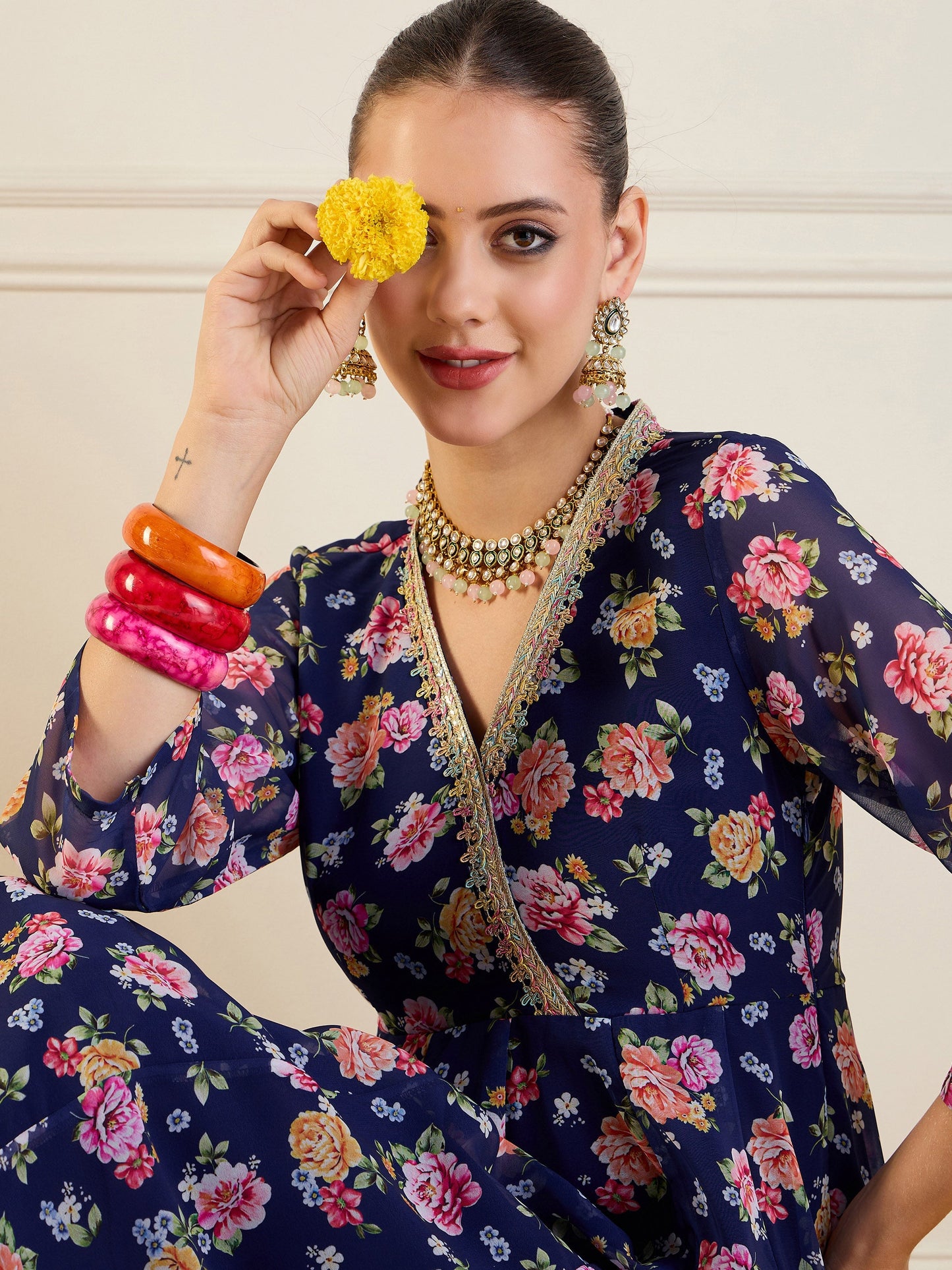 Blue Floral High Low Anarkali Kurta