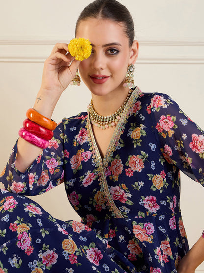 Blue Floral High Low Anarkali Kurta