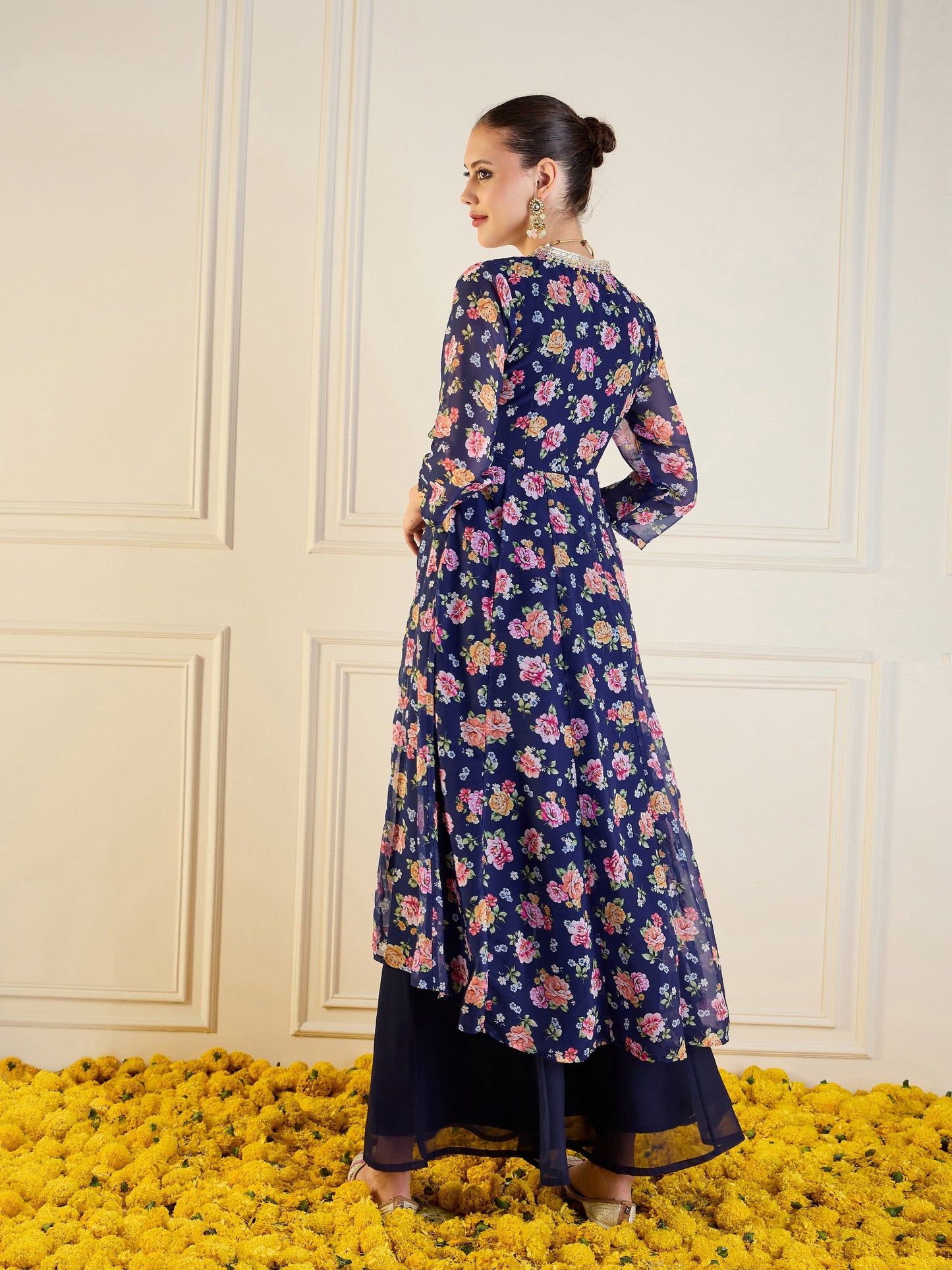 Blue Floral High Low Anarkali Kurta