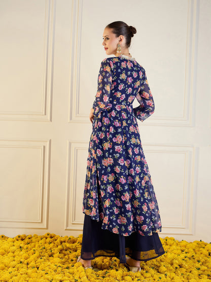 Blue Floral High Low Anarkali Kurta