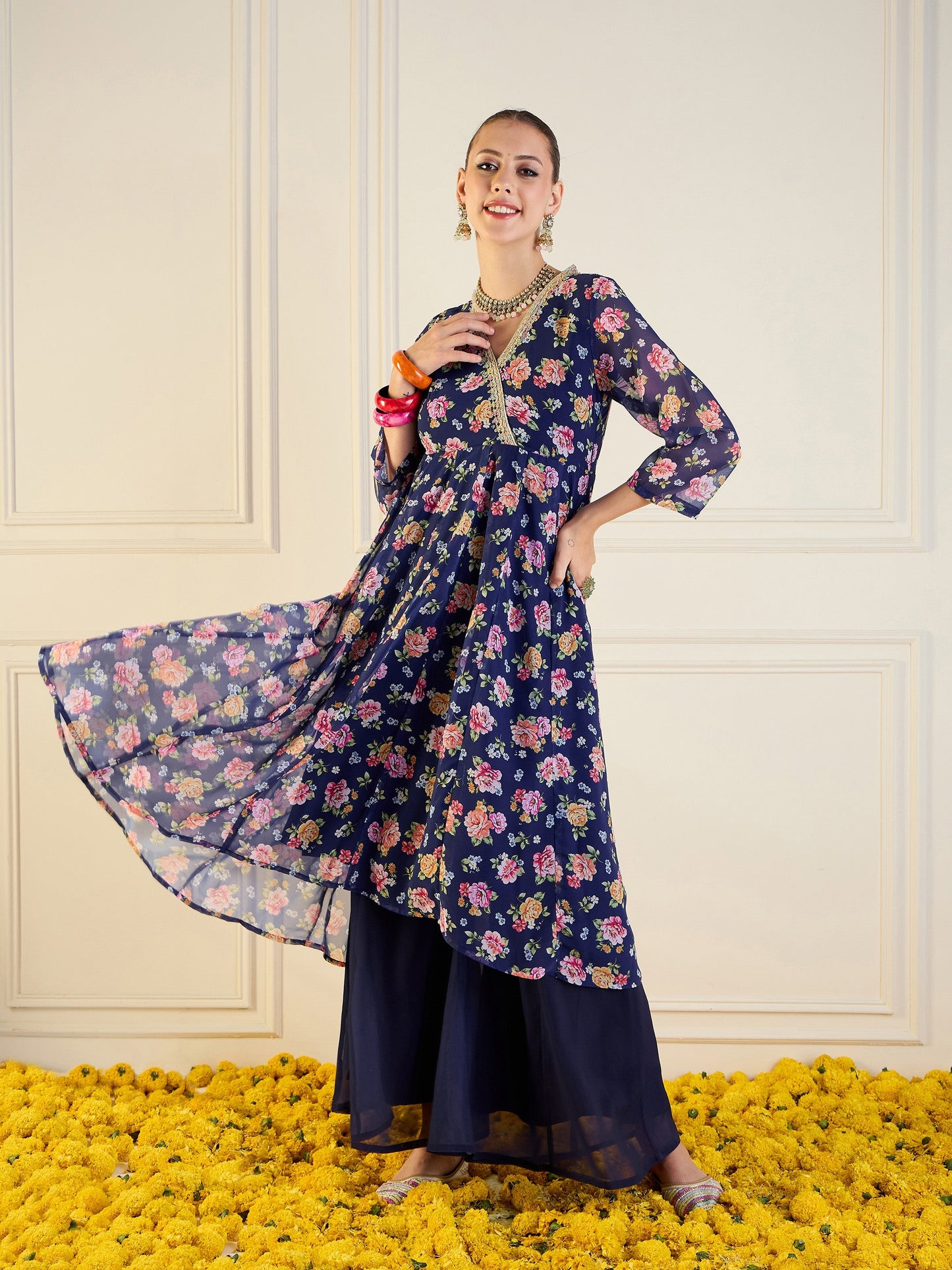 Blue Floral High Low Anarkali Kurta