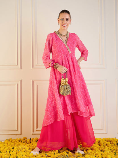 Pink Floral High Low Anarkali Kurta