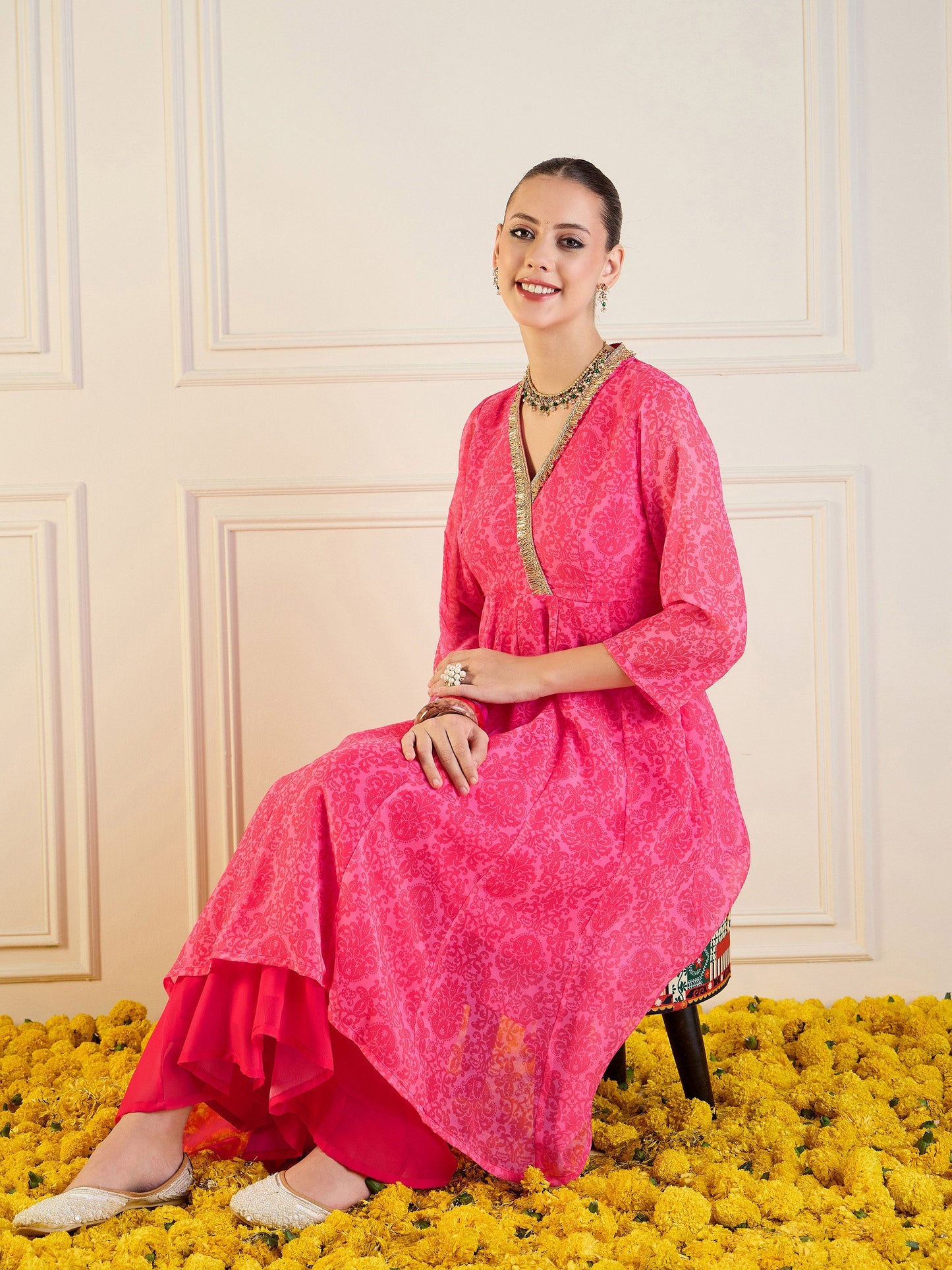 Pink Floral High Low Anarkali Kurta