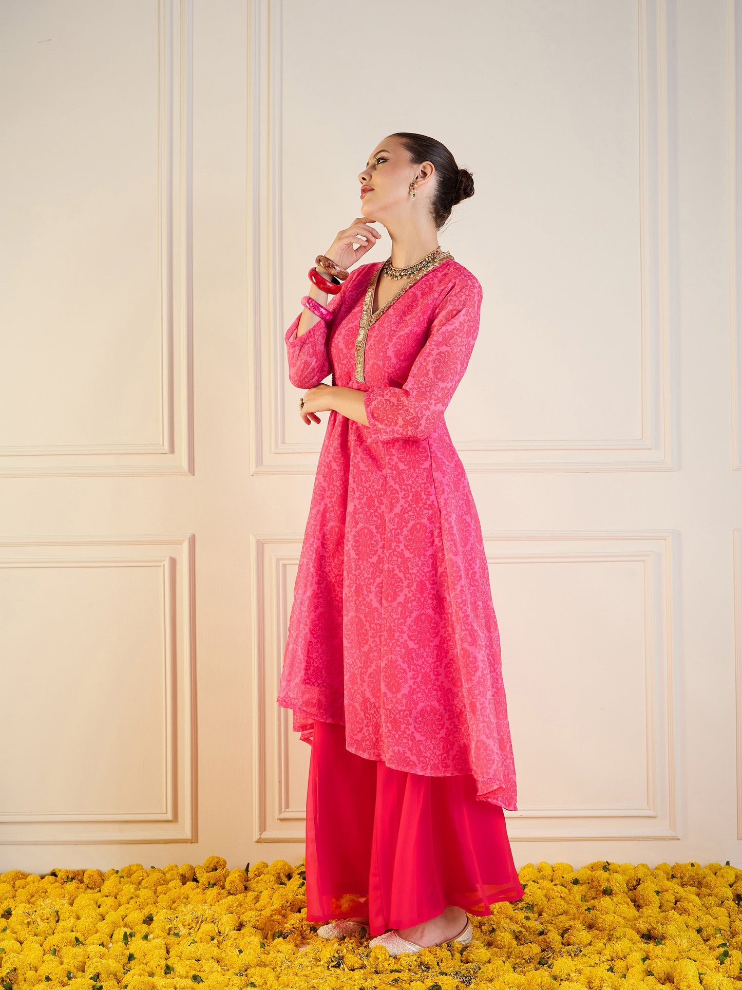 Pink Floral High Low Anarkali Kurta